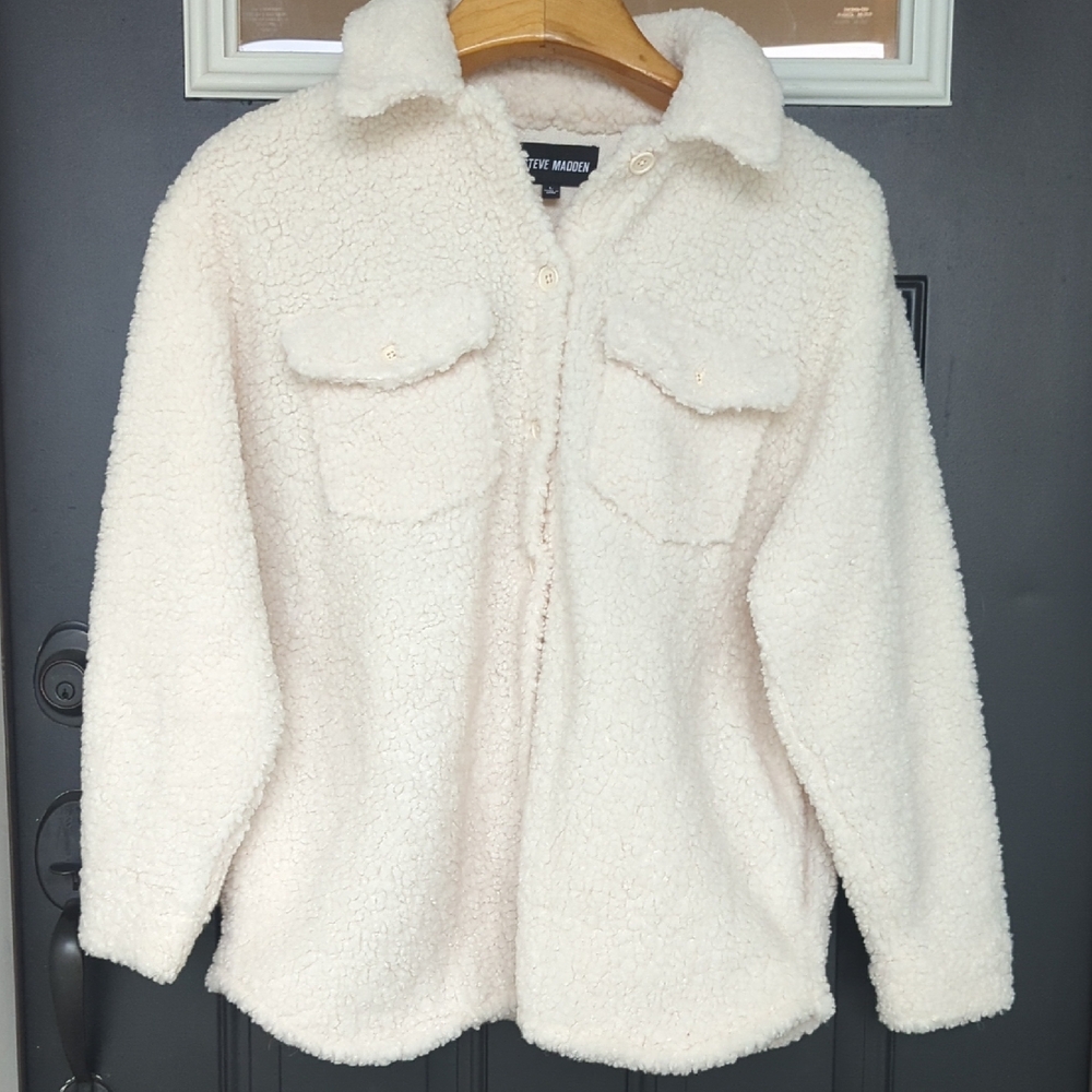 Steve Madden Cream Button front Sherpa Teddy Jacket Size Large - Picture 2 of 9